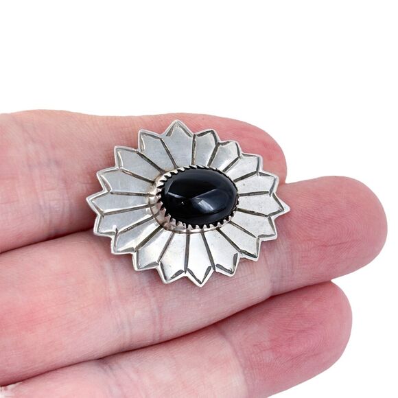 Joe T. Lowe Jewelry - Vintage Joe T. Lowe Native American Sterling Silver 925 Onyx Sunburst Pin Brooch